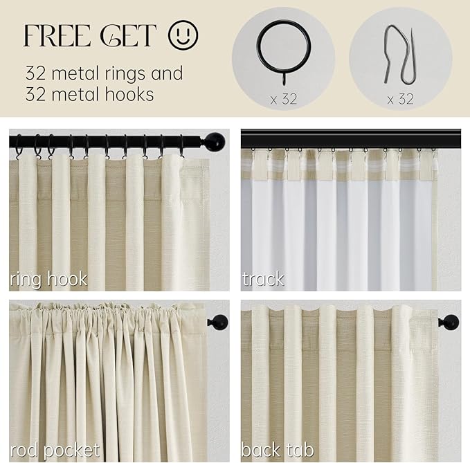 86 Inches Long Cream Colored Custom Blackout Linen Curtains Ivory Cream Pinch Pleated Noise Cancelling Curtains with Pin Hooks for Traverse Burlap Viral Drapes 2 Panels for Living Room Bedroom