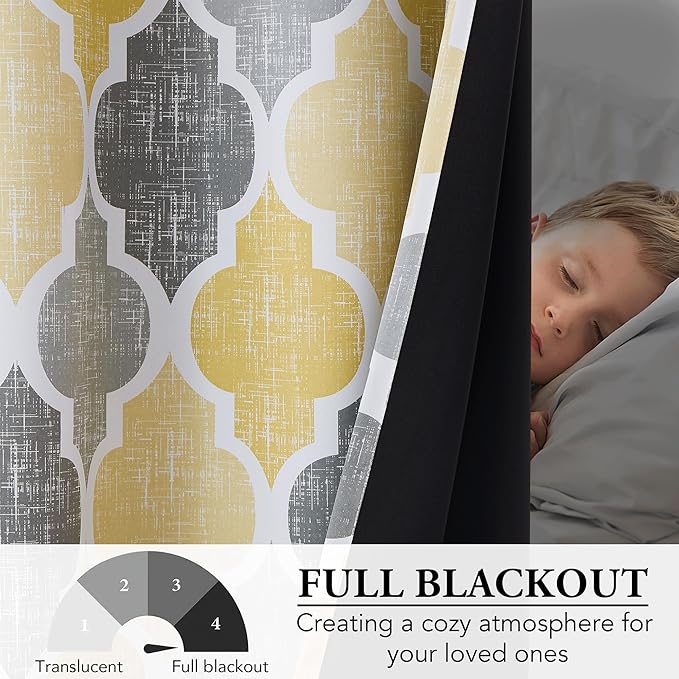 Beauoop 100% Blackout Curtains 108 Inches Long 2 Panels for Bedroom Living Room Yellow Grey Moroccan Geo Room Darkening Thermal Insulated Soundproof Grommet Top Window Treatments Drapes, 50x108x2