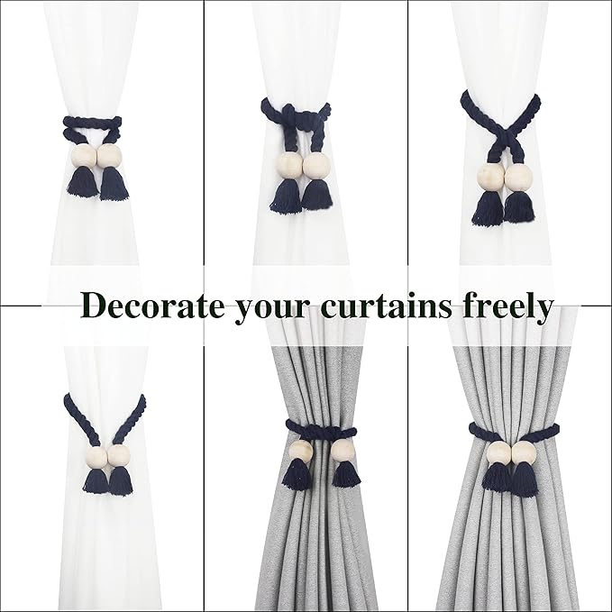 2 Pack Magnetic Curtain Tiebacks Cotton Hand Woven Tie Back Decorative Rope Holdbacks for Curtains Draperies No Tools Required, Navy