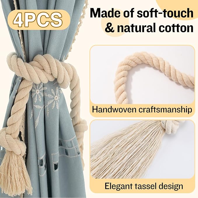 4 Pcs Hand Woven Curtain Tiebacks No Drilling - Boho Drape Holdbacks Rope for Black Blue Light Color Curtains, Decorative Ties for Outdoor Yard Garden Farmhouse Drapery, Beige