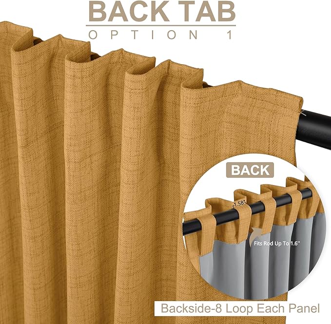 100% Blackout Shield Linen Blackout Curtains for Bedroom 96 Inches Long,Back Tab/Rod Pocket Living Room Drapes,Thermal Insulated Textured Blackout Curtains 2 Panels Set,50" W x 96" L,Mustard Yellow