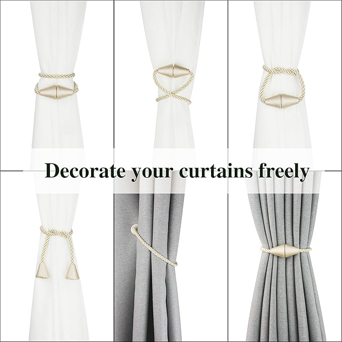 2 Pack Magnetic Curtain Tiebacks Rope Modern Handmade Curtain Tie Backs Decorative Drapes Weave Holdbacks for Window Décor, Beige