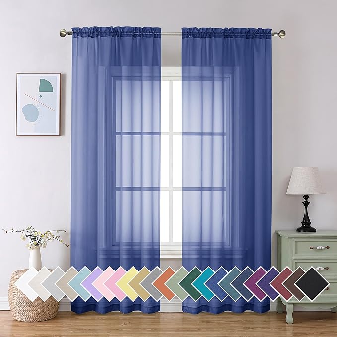 Aiyufeng Royal Blue Sheer Curtains 84 Inches Long 2 Panels Set, Semi Transparent Voile Rod Pocket Blue Sheer Window Drapes for Bedroom Bed Canopy Dining Wedding Party Backdrop, 40W x 84L inch