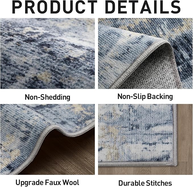 5x7 Area Rugs Washable Rug: Modern Abstract Living Room Rug Soft Anti-Skid Thin Carpet Indoor Floor Non-Shedding Carpets for Bedroom Dining Room Farmhouse Nursery Home Office - Blue Gold