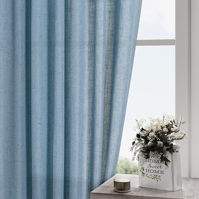 2 Panels Set Blue Linen Curtains 126 Inches Long for Living Room Extra Long Back Tab Curtain Neutral Farmhouse Light Filtering Semi Sheer Linen Drapes Ceiling to Floor for Large Window 52x126