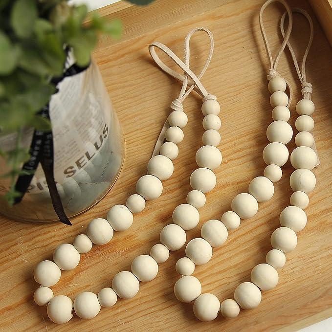 4 Pcs Wood Bead Curtain Tiebacks Curtain Ties Curtain Holdbacks Curtain Tie Back Window Treatment with Hooks for Home Wall Holiday Decoration (Wood Color, 4)