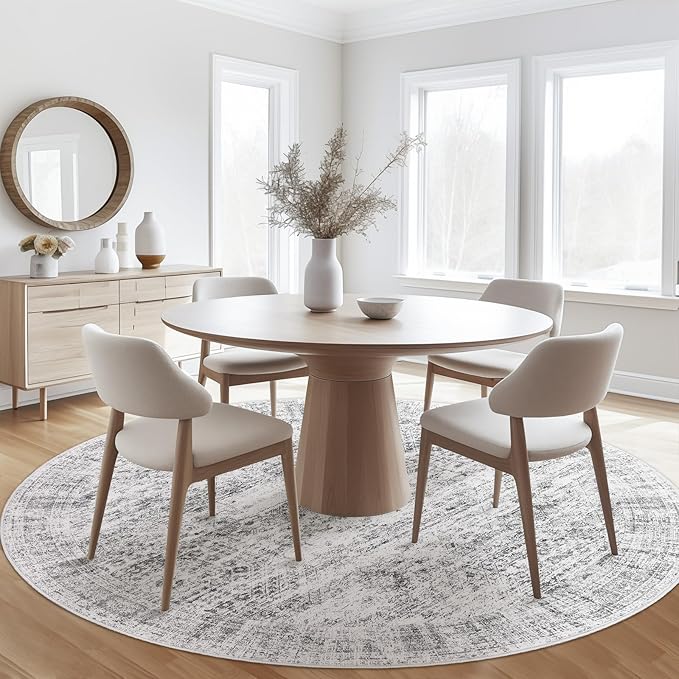 6x6 Grey Round Rug 6ft Living Room Circle Rug Gray Vintage Round Area Rug Non Slip Indoor Carpet for Dining Room Bedroom