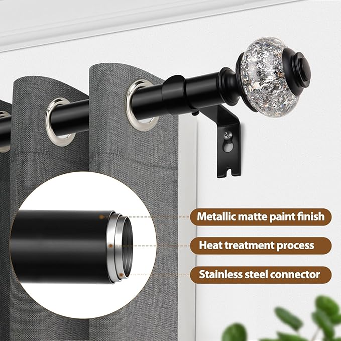 2 Pack Black Curtain Rods for Windows 48 to 84 Inch, USFOOK 7/8 Inch Telescoping Splicing Drapery Rods 32 to 86 Inch, Decoration for Home with Decorative Translucent Finials
