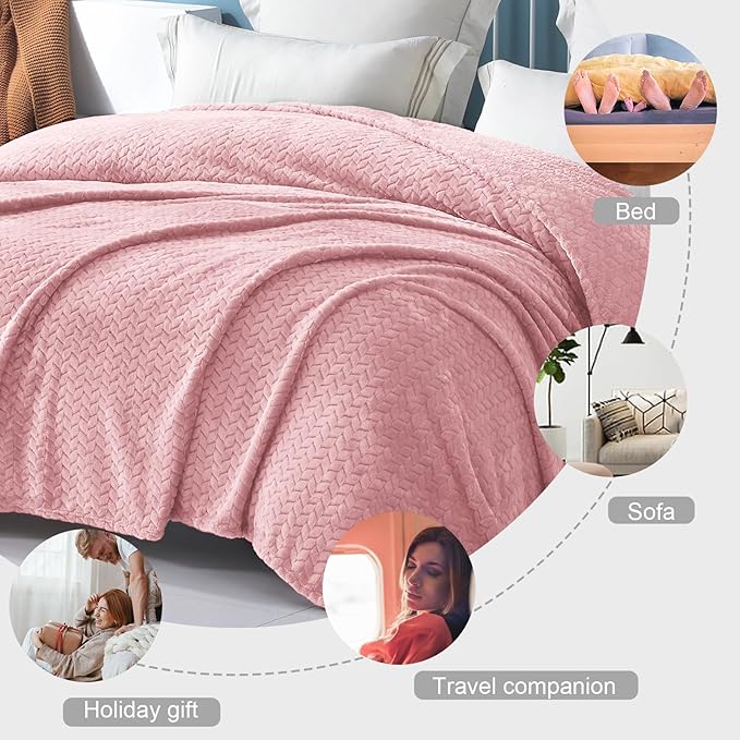 Exclusivo Mezcla Fleece Twin Size Blanket for Bed, 60x80 Inches Soft Cozy Jacquard Flannel Blankets, Lightweight Fuzzy Plush Warm for Women, Pink