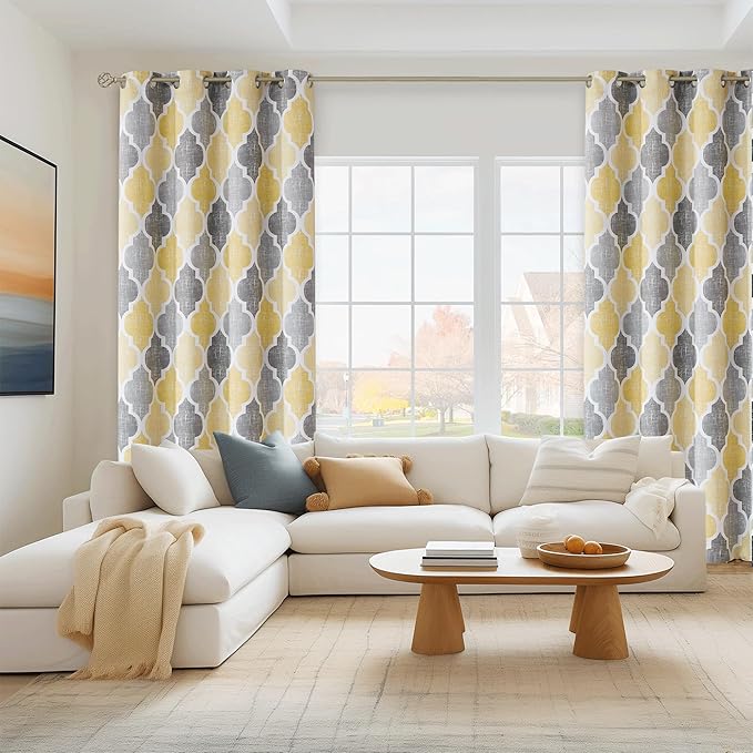 Beauoop 100% Blackout Curtains 63 Inches Long 2 Panels for Bedroom Living Room Yellow Grey Moroccan Geo Room Darkening Thermal Insulated Soundproof Grommet Top Window Treatments Drapes, 50x63 Set of 2