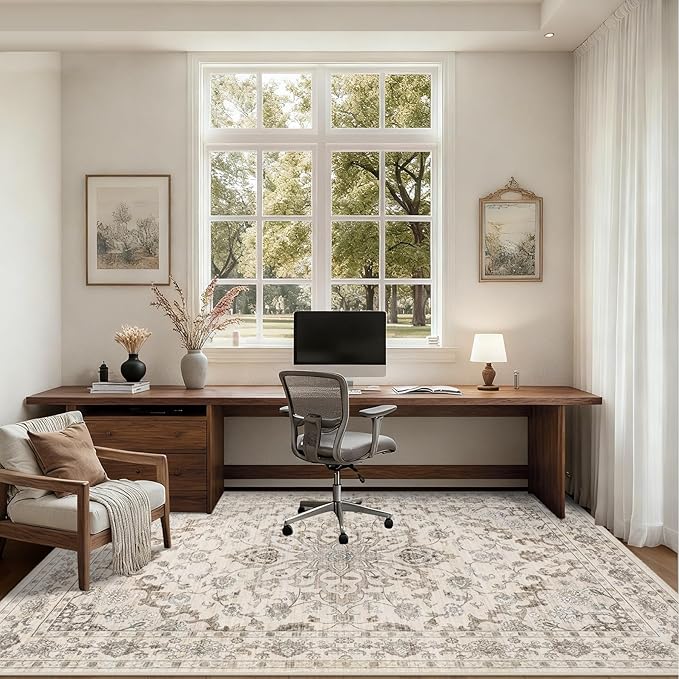 6x9 Area Rugs Living Room Rug: Washable Vintage Distressed Floral Rug No Slip Stain Resistant Soft Carpet Indoor Floor Large Carpets for Bedroom Dining Room Farmhouse Nursery Home Office Brown Beige