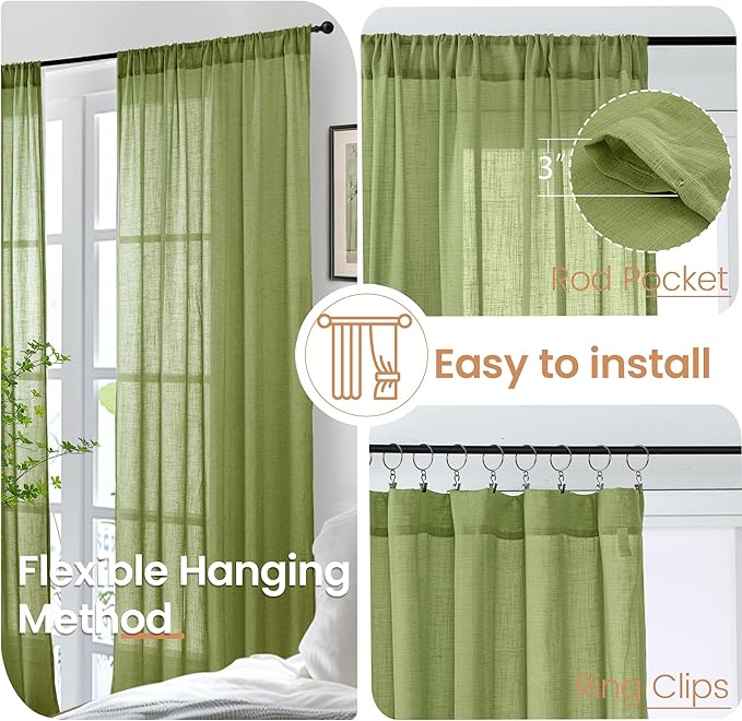 BGment Green Linen Curtains 45 Inch Length for Kitchen Cafe Window - Short Semi Sheer Natural Textured Drapes Rod Pocket Rustic for Small Living Dining Room Lightweight, 2 Panels Set, 42 X 45 Inch