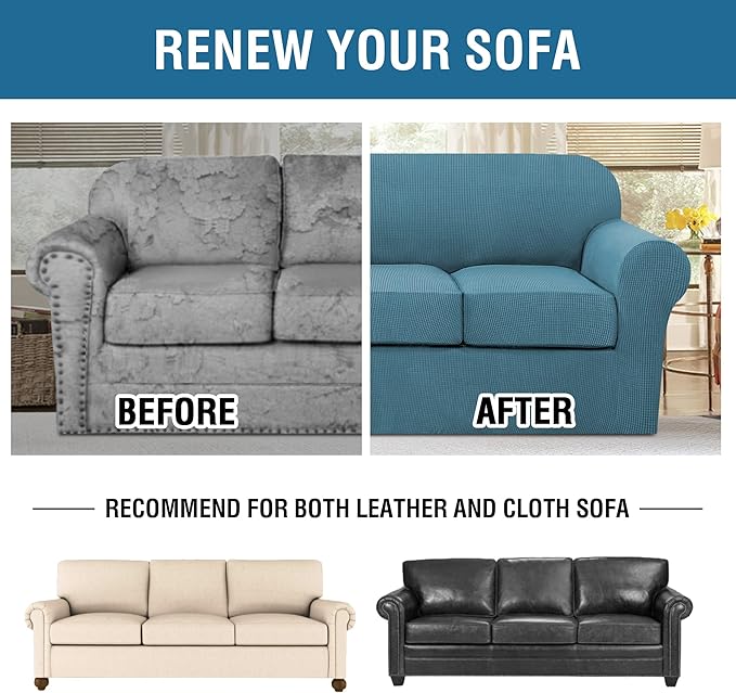 4 Piece Stretch Sofa Covers for 3 Cushion Couch Covers for Living Room Furniture Slipcovers (Base Cover Plus 3 Seat Cushion Covers) Upgraded Thicker Jacquard Fabric (XL Sofa, Storm Blue)