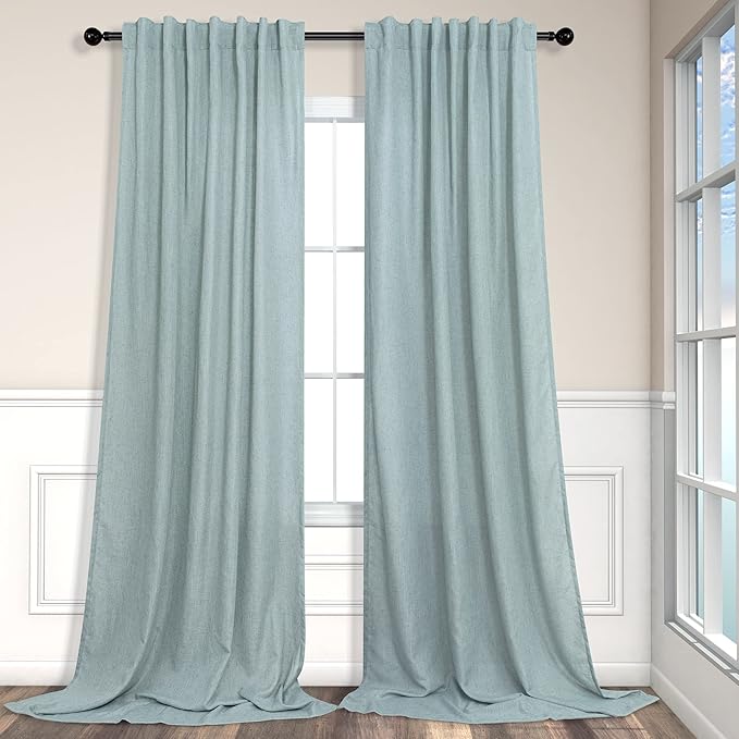 Aqua Curtains 84 Inch Length for Living Room Pair Set Back Tab Pocket Linen Panels Semi Sheer Blue Green Curtains for Bedroom Kids Teen Boys Coastal Beach Farmhouse Decor Seafoam Mint Teal Grey Gray