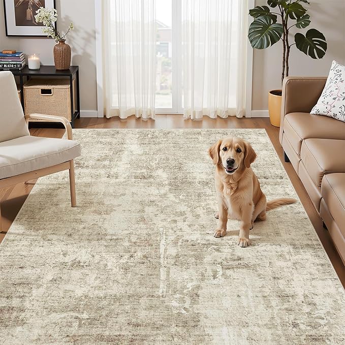 3x5 Rug, Small Area Rug for Kitchen, Entryway, Machine Washable Non-Slip Throw Rug, Vintage Carpet for Nursery Coffee Table Beige/Gray