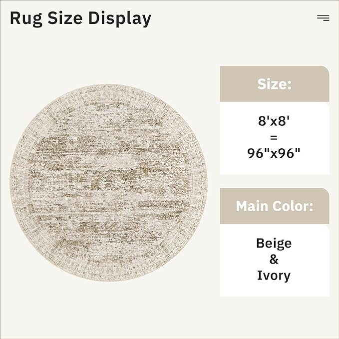 8x8 Brown Round Rug 8ft Living Room Circle Rug Vintage Round Area Rug Non Slip Indoor Carpet for Apartment
