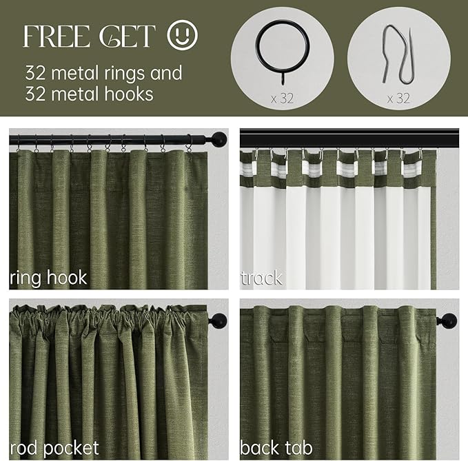 45 Inch Curtain Tier Kitchen Curtains Sets 2 Panels Olive Green Linen Blackout Pleated Aesthetic Basement Window Curtain Back Tab Insulated Drapes Dark Green (52" W x 45" L Hooks&Rings Included)