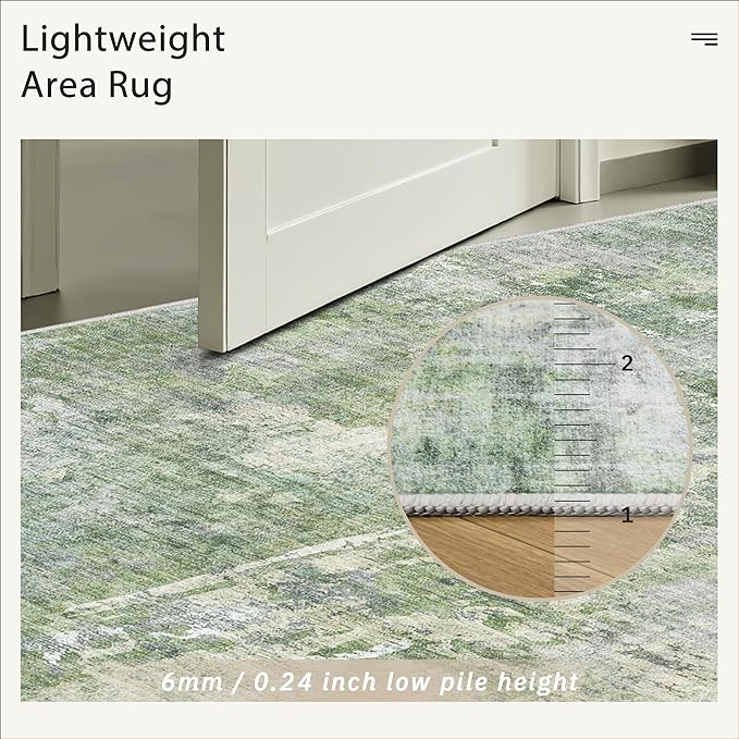 10x14 Area Rugs for Living Room, Non Slip Machine Washable Vintage Rugs, Low Pile Lightweight Large Rug for Bedroom, Dining Room, Home Office Green/Ivory