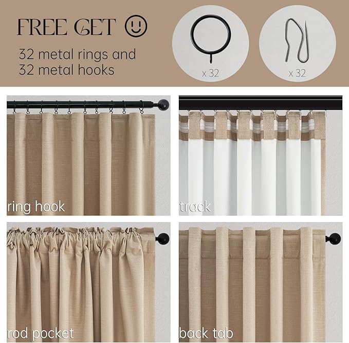 102 Inch Long Blackout Curtains for 2 Panels,Energy Efficinet Room Darkening Linen Blend Textured Curtains with Hooks,Track System Black Out Curtains for Living Room Bedroom,2 Panels, Tan Taupe