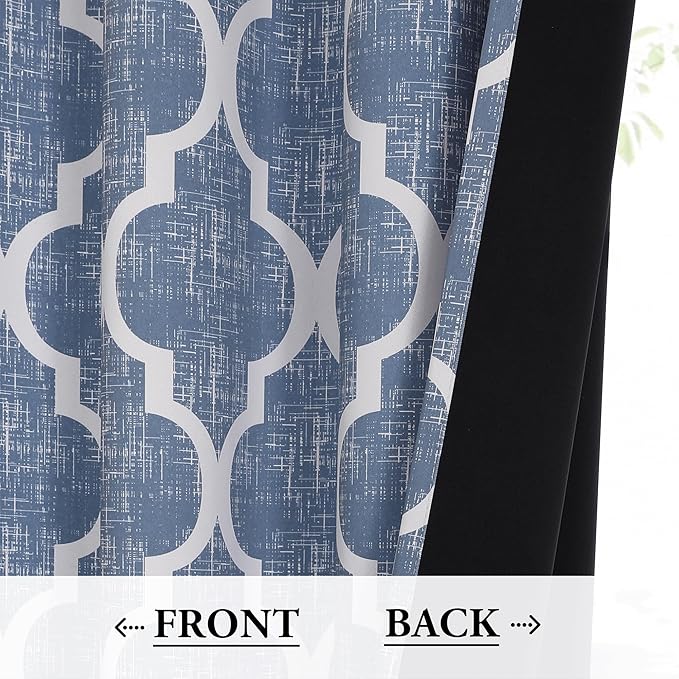 Beauoop 100% Blackout Curtains 108 Inches Long 2 Panels for Bedroom Living Room Blue Moroccan Geo Room Darkening Thermal Insulated Soundproof Grommet Top Window Treatments Drapes, 50x108 Set of 2