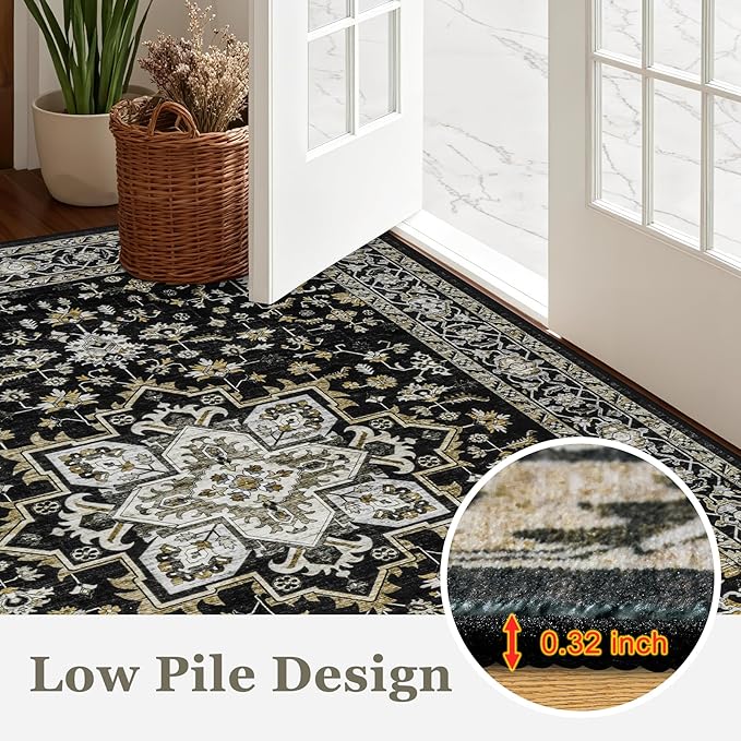 2x3 Area Rugs Living Room Rug: Washable Vintage Boho Medallion Rug No Slip Stain Resistant Soft Carpet Indoor Large Carpets for Bedroom Dining Room Farmhouse Nursery Hallway Home Office Black Gold