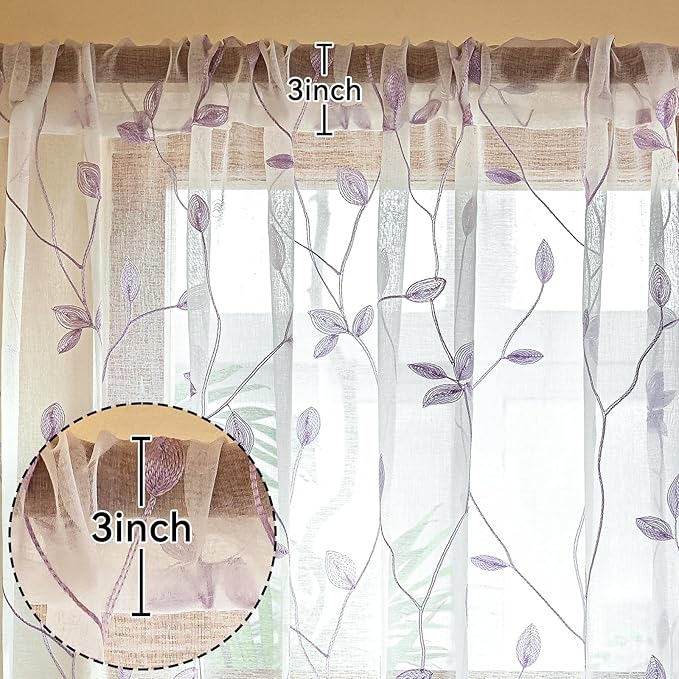 AmHoo 2 Panels Embroidered Leaf Pattern Semi Sheer Curtains Foliage Floral Voile Window Draperies Treatment for Bedroom Living Room Rod Pocket White Lavender Purple 53 x 84 Inch