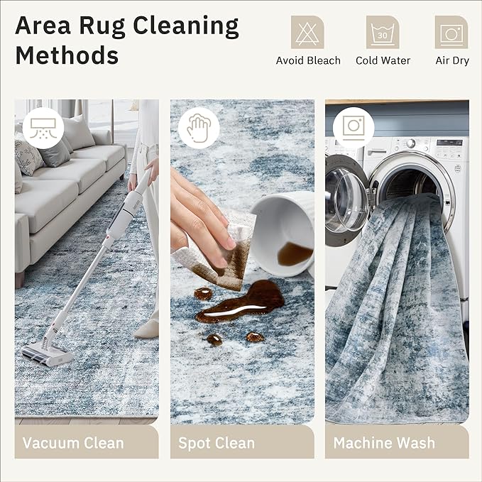 10x14 Area Rugs for Living Room, Non Slip Machine Washable Vintage Rugs, Low Pile Lightweight Large Rug for Bedroom, Dining Room, Home Office Blue