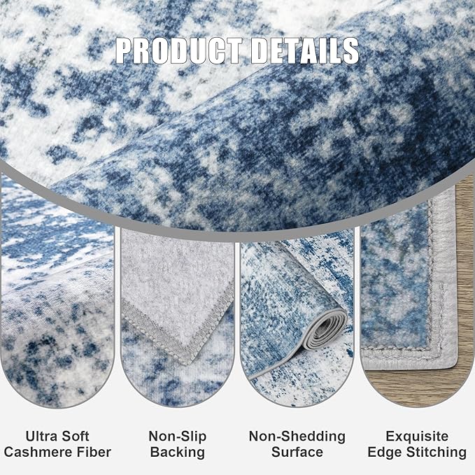 4x6 Area Rug Living Room Rug: Washable Modern Abstract Soft Thin Rug Indoor Floor No Slip Stain Resistant Carpet for Bedroom Dining Room Farmhouse Nursery Home Office - Blue