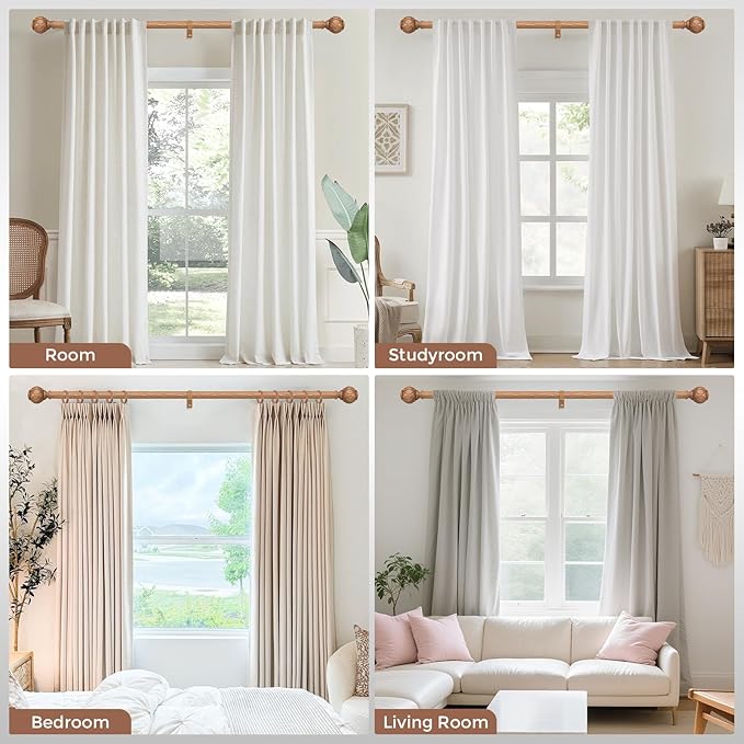2 Pack Wood Curtain Rods for Windows 30 to 56 Inch, Boho Vintage Decorative 1 Inch Adjustable Heavy Duty Curtain Rod, Rustic Farmhouse Drapery Pole with Netted Imitation Wood Grain Finials