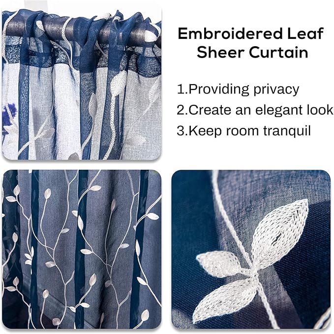 AmHoo 2 Panels Embroidered Leaf Pattern Semi Sheer Curtains Foliage Floral Voile Window Draperies Treatment for Bedroom Living Room Rod Pocket Navy Blue 53 x 63 Inch