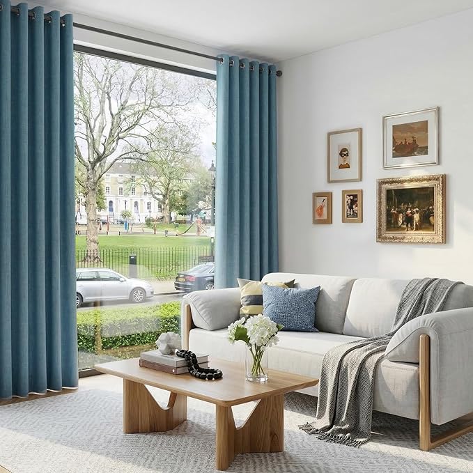 100% Blackout Shield Linen Blackout Curtains for Bedroom, Stone Blue Grommet Curtains for Living Room, Thermal Insulated Room Darkening Drapes for Nursery, Boho Home Decor, 50" W x 84" L, 2 Panels