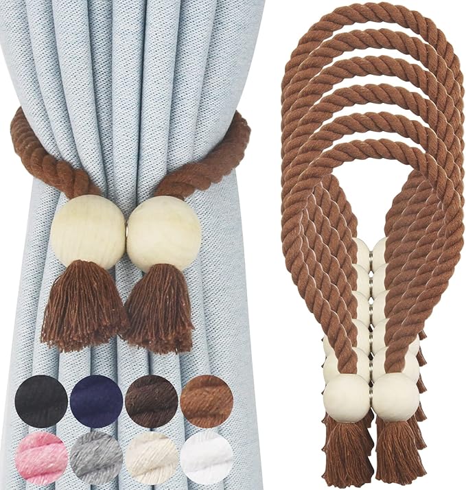 6 Pack Magnetic Curtain Tiebacks Cotton Hand Woven Tie Back Decorative Rope Holdbacks for Curtains Draperies No Tools Required, Khaki