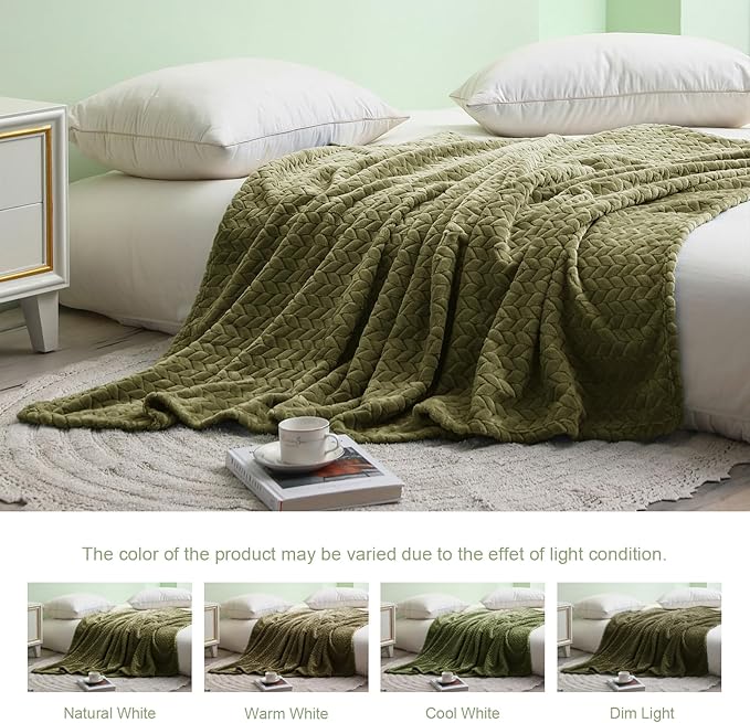 Exclusivo Mezcla Fleece Queen Size Blanket for Bed, 90x90 Inches Soft Cozy Jacquard Flannel Blankets, Lightweight Fuzzy Plush Warm for Women, Olive Green