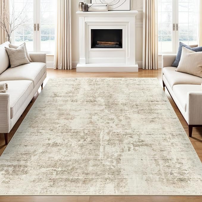 10x14 Area Rugs for Living Room, Non Slip Machine Washable Vintage Carpets, Low Pile Lightweight Large Rug for Bedroom, Dining Room, Home Office Beige Gray
