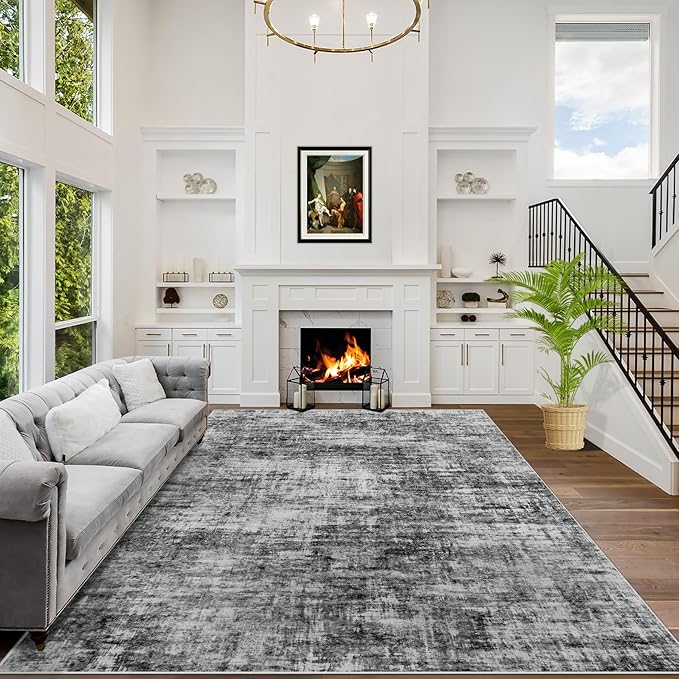 9x12 Area Rugs Washable Rug: Modern Abstract Living Room Rug Soft Anti-Skid Thin Carpet Indoor Floor Non-Shedding Carpets for Bedroom Dining Room Farmhouse Nursery Home Office Black