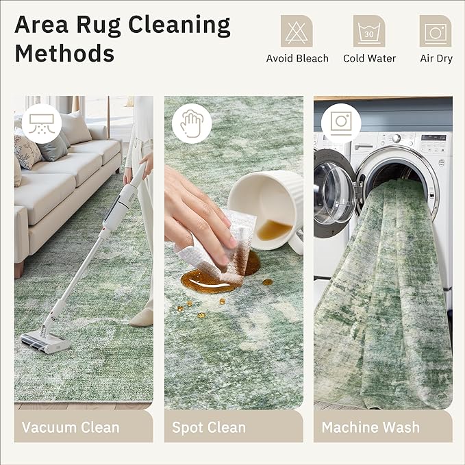 10x14 Area Rugs for Living Room, Non Slip Machine Washable Vintage Rugs, Low Pile Lightweight Large Rug for Bedroom, Dining Room, Home Office Green/Ivory