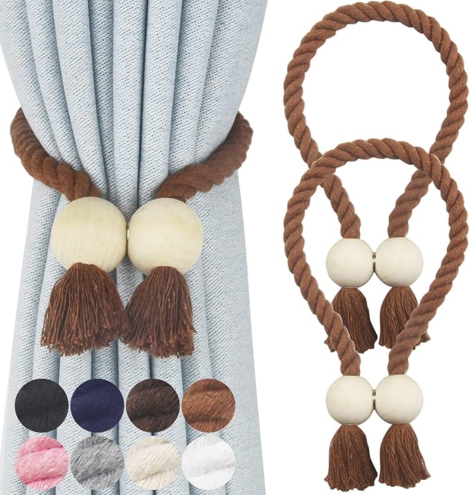 2 Pack Magnetic Curtain Tiebacks Cotton Hand Woven Tie Back Decorative Rope Holdbacks for Curtains Draperies No Tools Required, Khaki