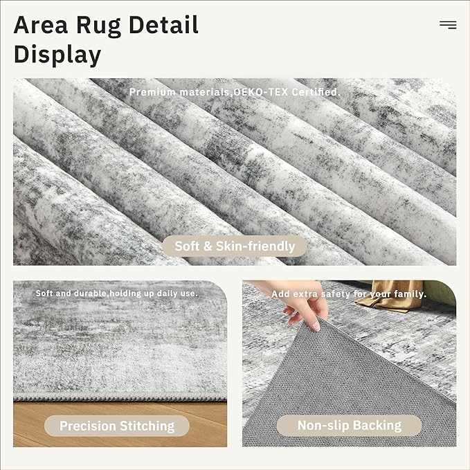 6x9 Abstract Area Rugs for Living Room 6 x 9 Washable Non Slip Low Pile Gray Rugs for Bedroom Dining Room Foldable Thin Gray White