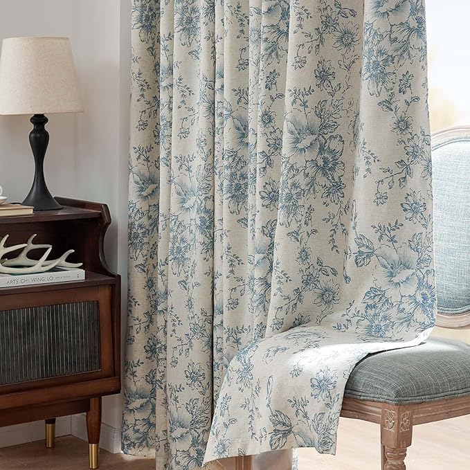 jinchan Blackout Floral Curtains for Living Room Bedroom Linen Blend Curtain Farmhouse Blue Printed with Lined Back Tab Rod Pocket Drapes Window Treatments 2 Panels 63 Inch