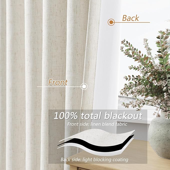 Beige White 100% Blackout Linen Curtains 102 Inch Length 2 Panels Set for Living Room Bedroom Back Tab Thermal Insulated Black Out Drapes Room Darkening Farmhouse Style for Bedroom Window Curtains