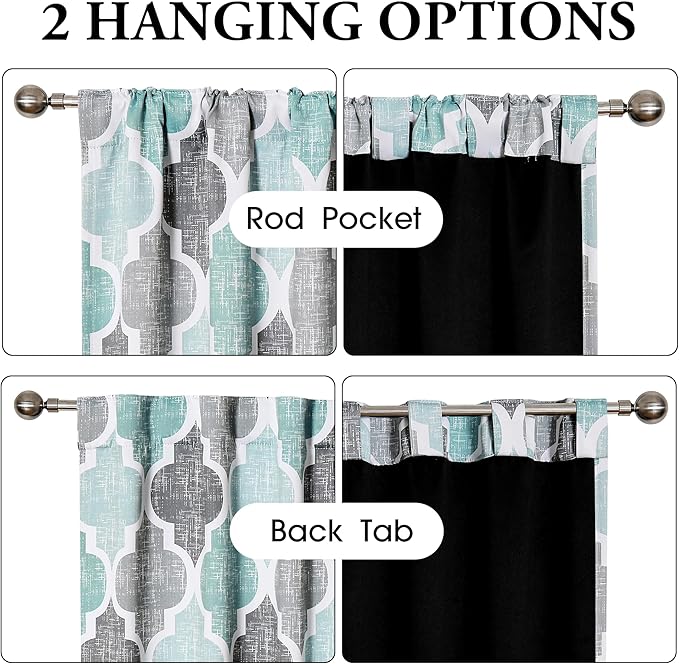 Beauoop 100% Blackout Curtains 84 Inches Long 2 Panels for Bedroom Living Room Aqua Grey Moroccan Geo Room Darkening Thermal Insulated Soundproof Rod Pocket Back Tab Window Treatments Drapes, 50x84