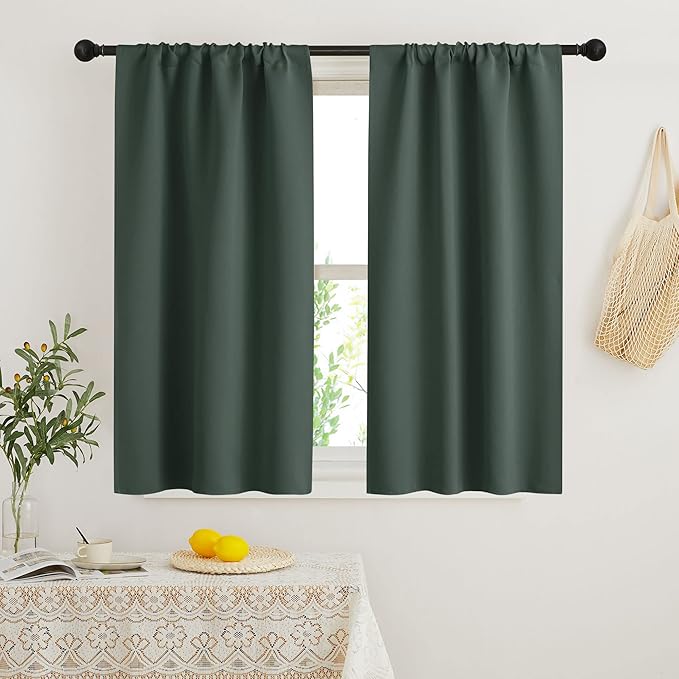 RYB HOME Blackout French Door Window Curtain Covering, Rod Pocket Thermal Insulated Privacy Non See Through Drapes for Bathroom Window, Width 29 by Length 45, Dark Green, 2 Panels