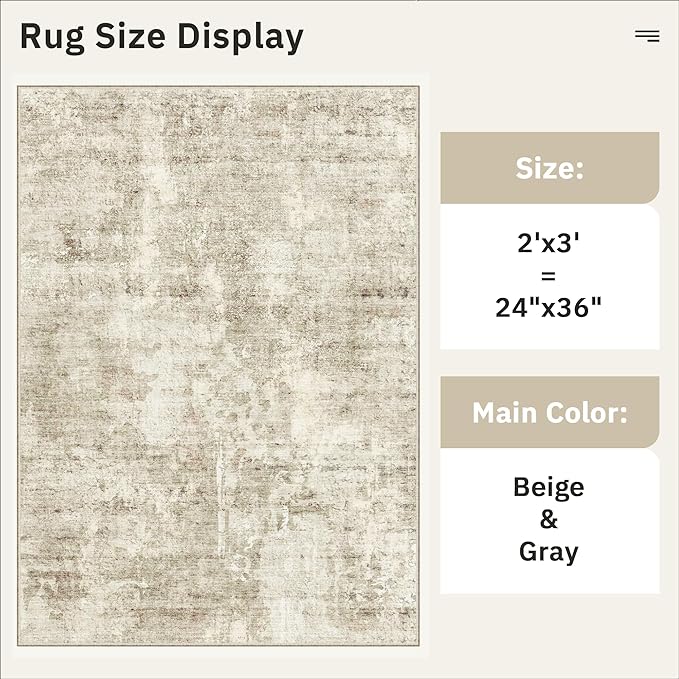 2x3 Washable Rugs for Kitchen, Floor, Entryway, Powder Room Small Area Rug Non-Slip Vintage Low Pile Throw Door Mat Beige/Gray