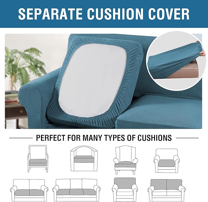 4 Piece Stretch Sofa Covers for 3 Cushion Couch Covers for Living Room Furniture Slipcovers (Base Cover Plus 3 Seat Cushion Covers) Upgraded Thicker Jacquard Fabric (XL Sofa, Storm Blue)