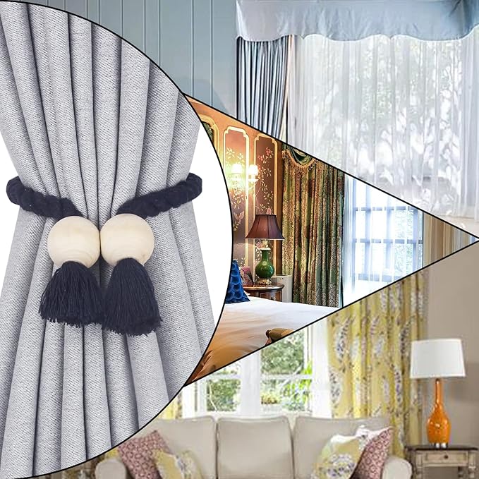 6 Pack Magnetic Curtain Tiebacks Cotton Hand Woven Tie Back Decorative Rope Holdbacks for Curtains Draperies No Tools Required, Navy