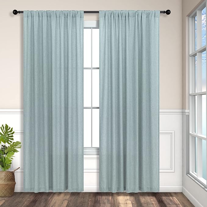 Aqua Curtains 84 Inch Length for Living Room Pair Set Back Tab Pocket Linen Panels Semi Sheer Blue Green Curtains for Bedroom Kids Teen Boys Coastal Beach Farmhouse Decor Seafoam Mint Teal Grey Gray