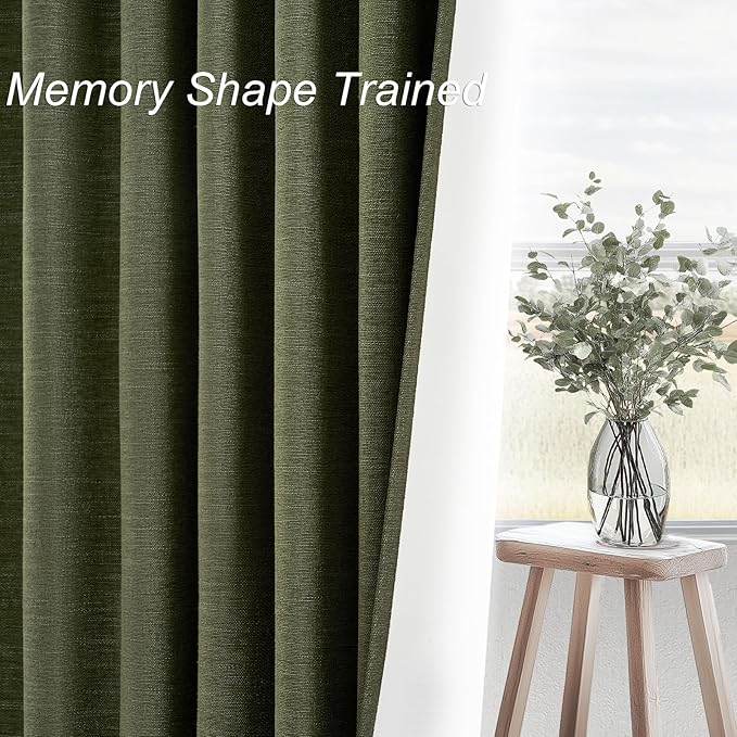45 Inch Curtain Tier Kitchen Curtains Sets 2 Panels Olive Green Linen Blackout Pleated Aesthetic Basement Window Curtain Back Tab Insulated Drapes Dark Green (52" W x 45" L Hooks&Rings Included)