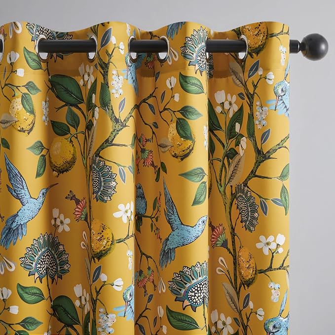 94 Inches Long Custom Satin Window Treatments,Retro Art Deco Floral Hummingbird Patterned Pretty Elegant Mustard Yellow Light Blocking Grommet Curtains Two Pages Curtains for Bedroom Playroom Room