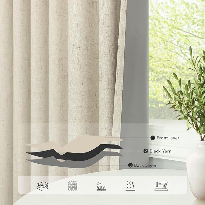 92 Inch Curtains 2 Panel Set UV Light Blocking Summer Farmhouse Curtains for Living Room Darkening Curtain for Nursery Kids Bedroom Linen Look Blackout Drape Thermal Insulating 52x92 Long Length Beige