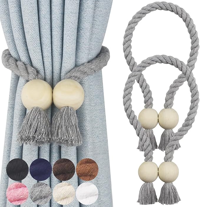 2 Pack Magnetic Curtain Tiebacks Cotton Hand Woven Tie Back Decorative Rope Holdbacks for Curtains Draperies No Tools Required, Grey